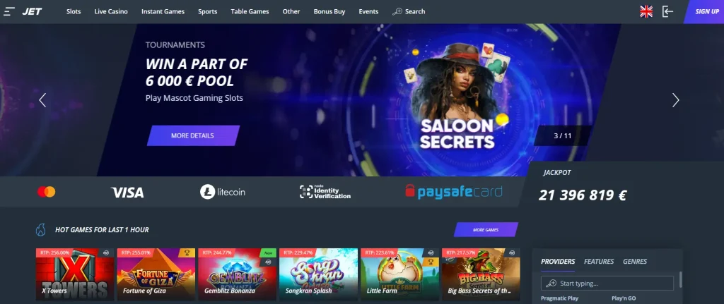 Jet Casino official website screenshot