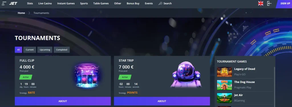 Jet Casino promo codes and tournaments