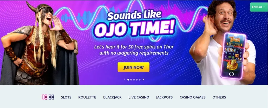 Screenshot of PlayOJO Casino's official homepage