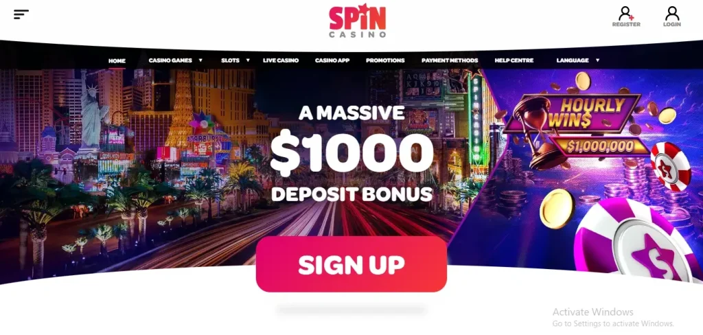 Screenshot of Spin Casino homepage and Welcome Bonus