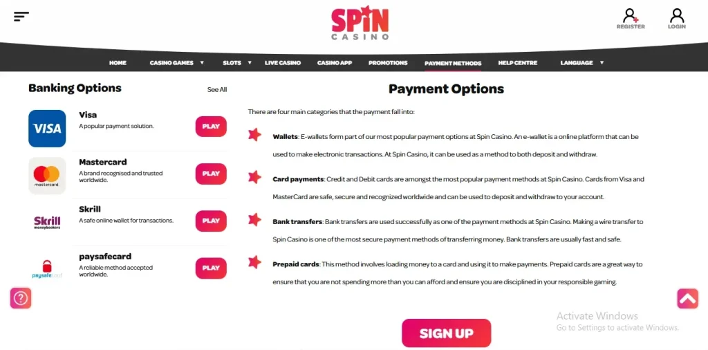 Spin Casino payment methods