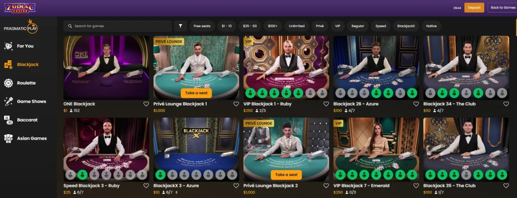 Zodiac Casino live dealer games