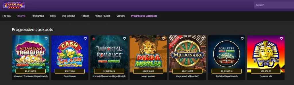 Zodiac Casino progressive jackpot games