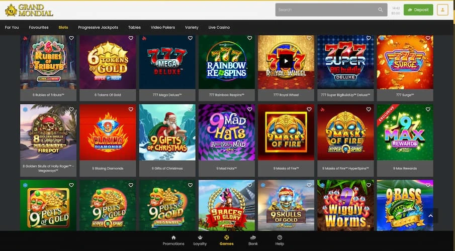 Grand Mondial Casino game library: slots