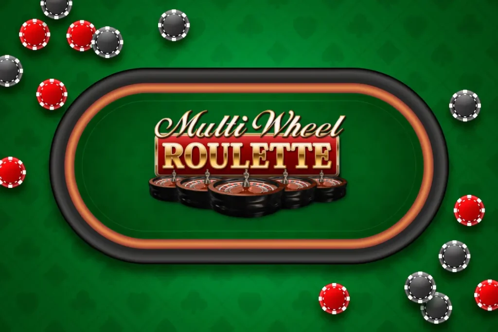 Multi Wheel Roulette game logo on a green table background with casino chips