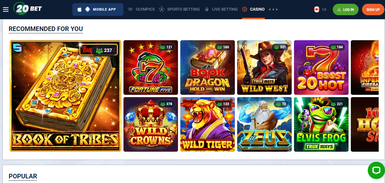 Screenshot of 20Bet's game library