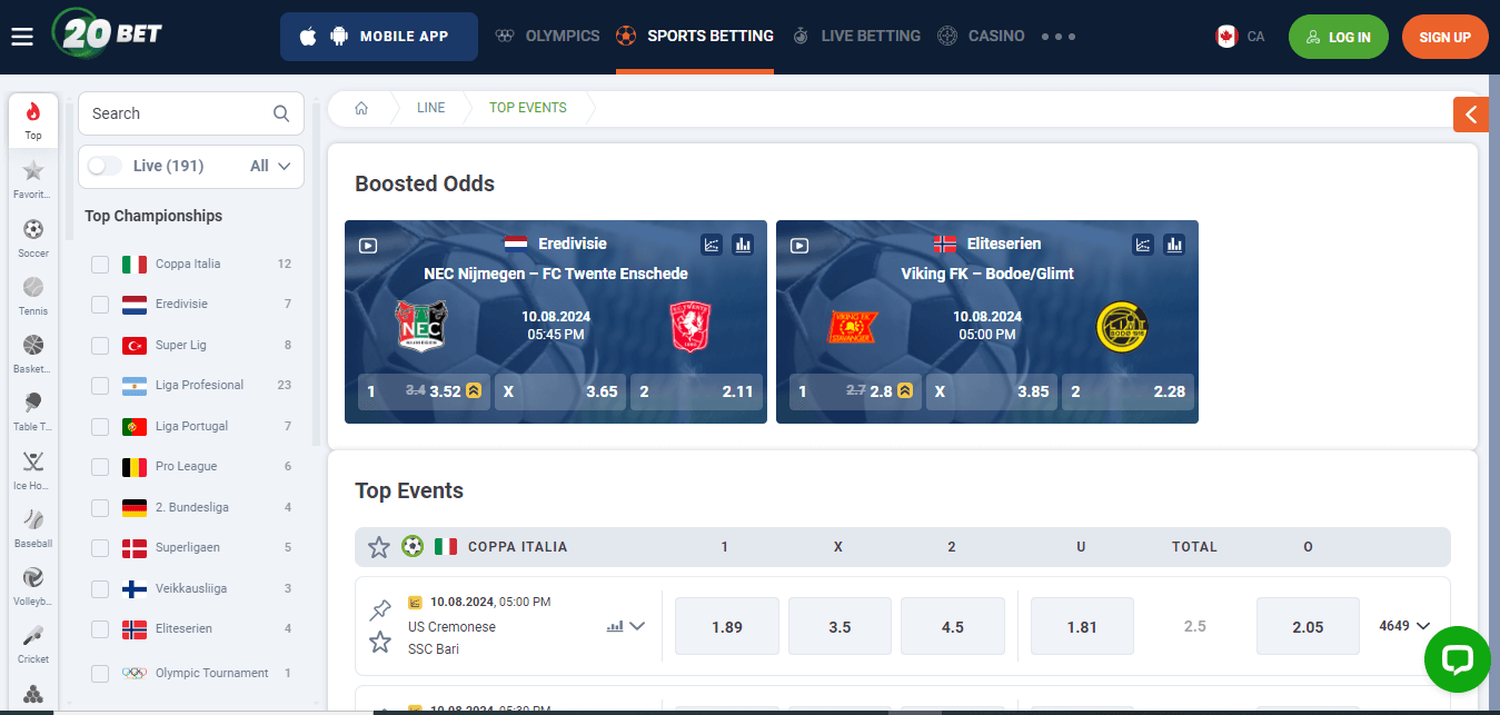 Screnshot of 20Bet's sport section