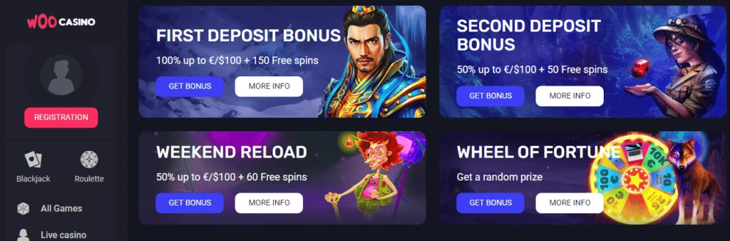 Screenshot of available promotions at Woo Casino