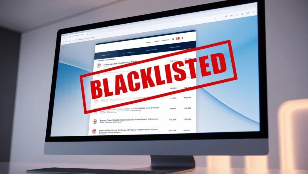 Blacklisted Online Casinos in Canada: A computer screen displaying a 'Blacklisted' sign in bold red letters.