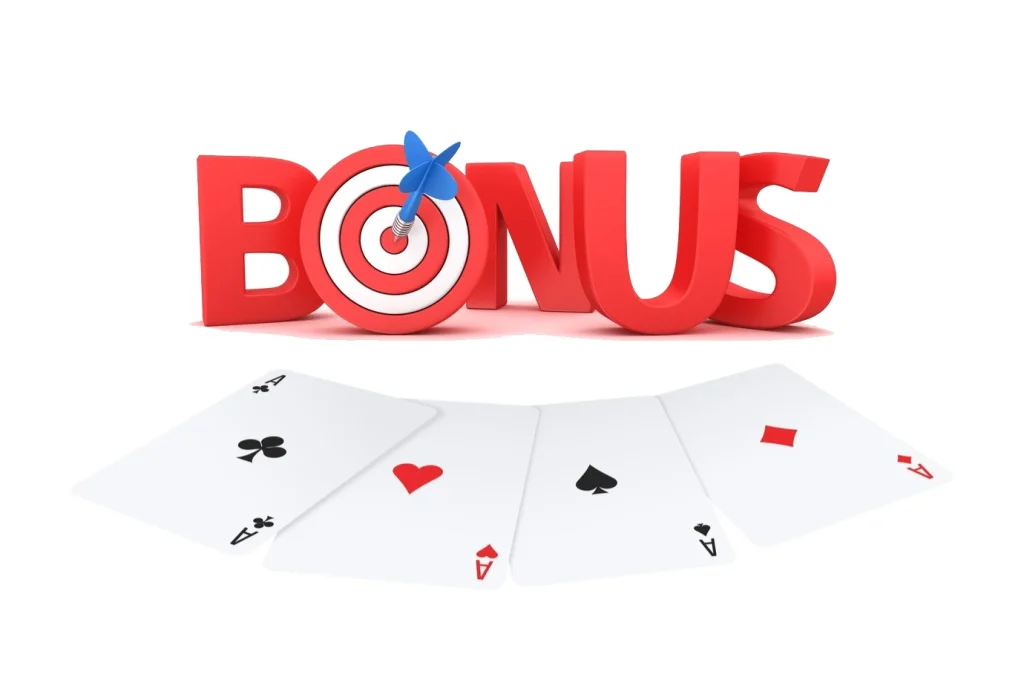 3D text reading 'Bonus' with four aces on a white background.