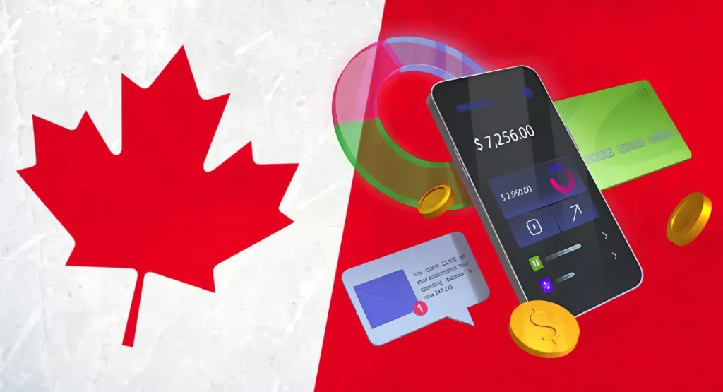 Online casino banking in Canada: A mobile phone and payment method icons on a Canadian flag background