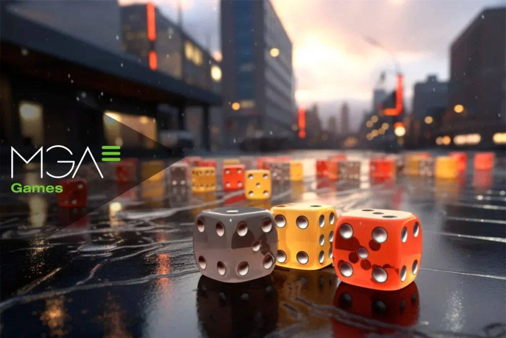 MGA white logo on a city background with multiple dice on a wet surface.