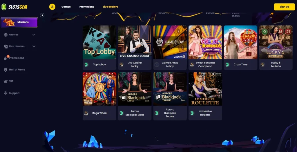 Screenshot of SlotsGem live casino dealer games