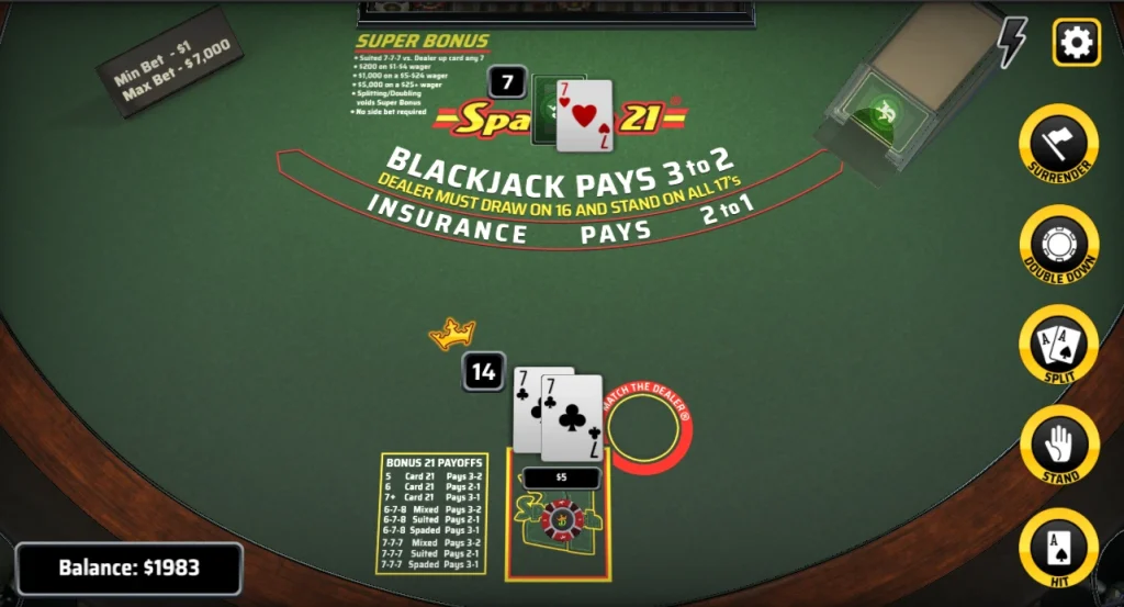 Screenshot of Spanish 21 game on DraftKings Casino