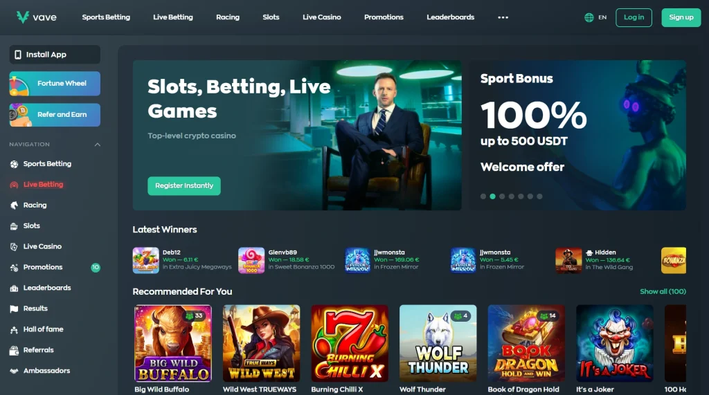 Vave casino screenshot