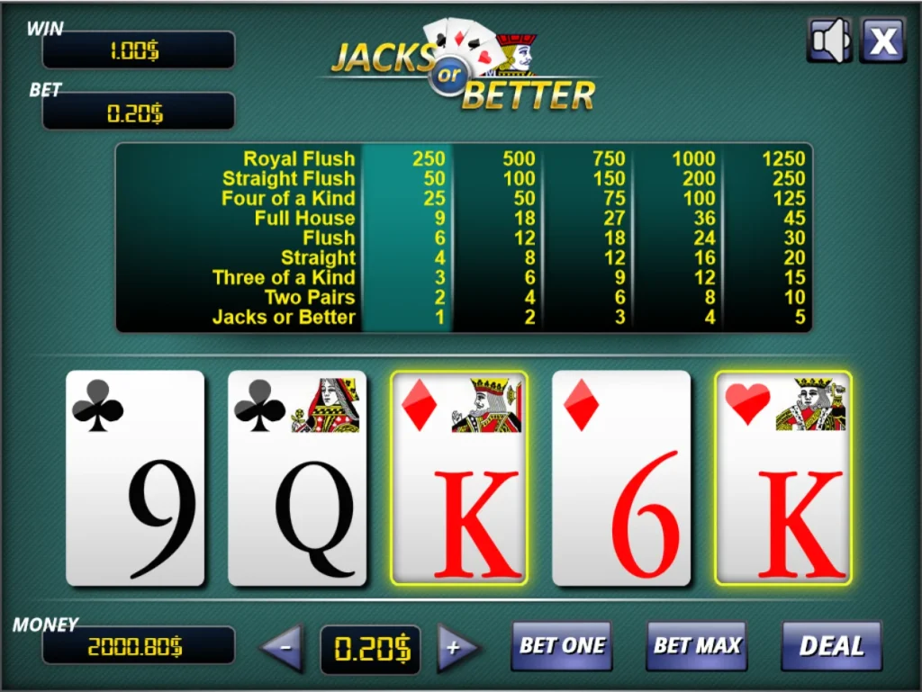 Screenshot of Jacks or Better video poker paytable