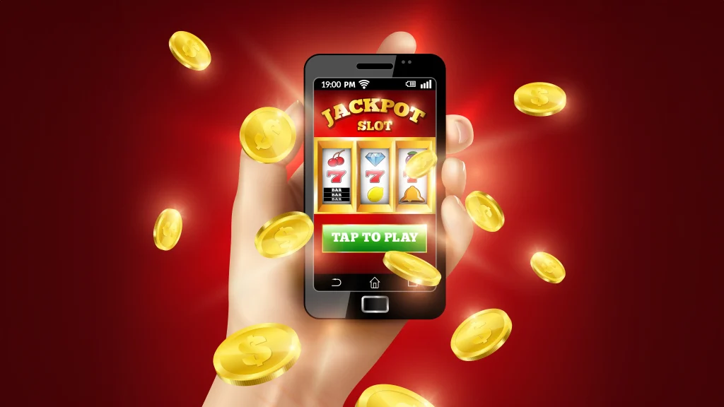 Mobile Compatibility of Bonus Buy Slots: a mobile screen showing a slot jackpot combination of 777 and glowing coins coming out