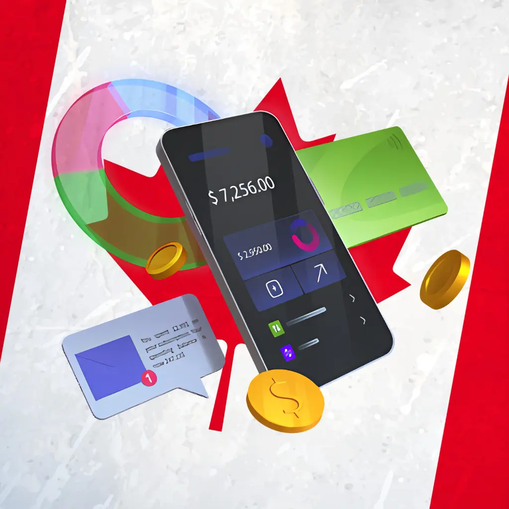 Online casino banking in Canada Online casino banking in Canada: A mobile phone and payment method icons on a Canadian flag background