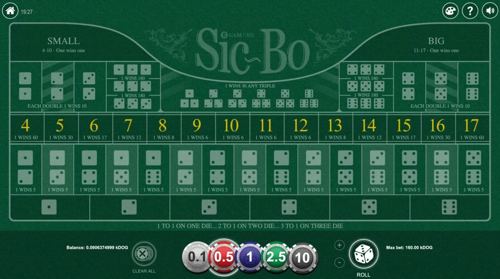 Screenshot of Sic Bo game layout by Bgaming