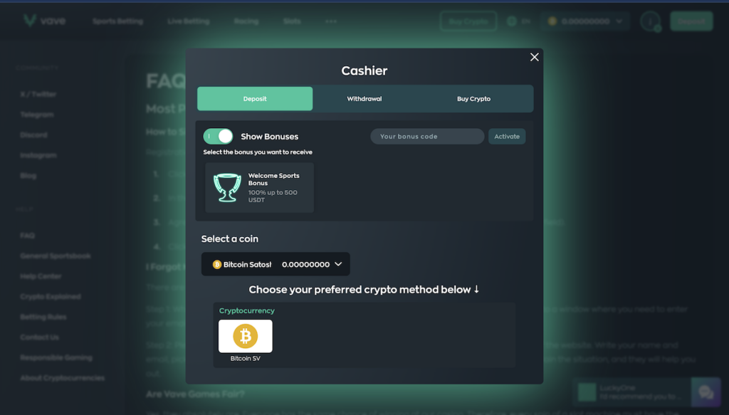 Vave Crypto Casino cashier: Deposit tab with an available Welcome Sports Bonus