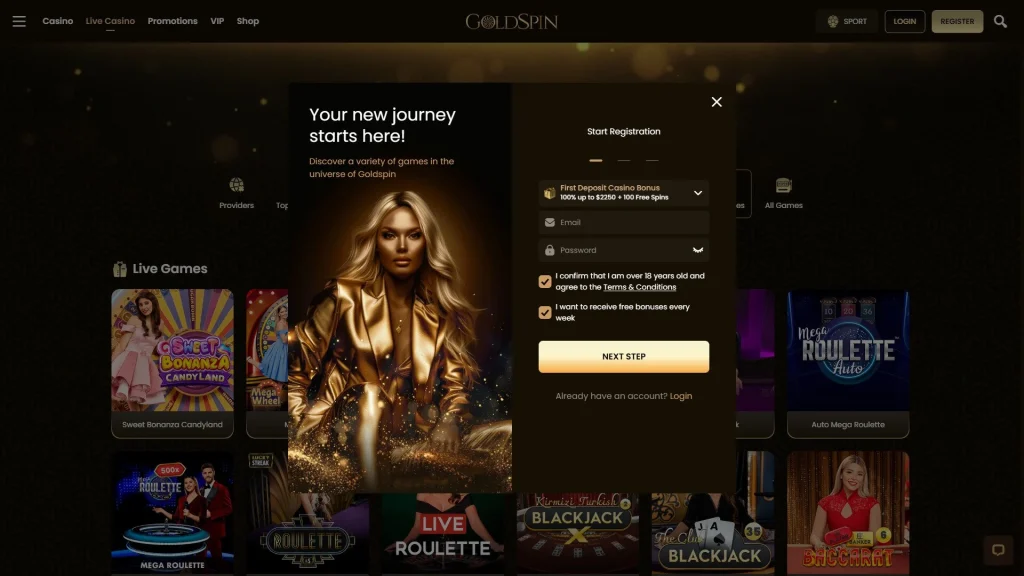 Gold Spin sign up page and registration