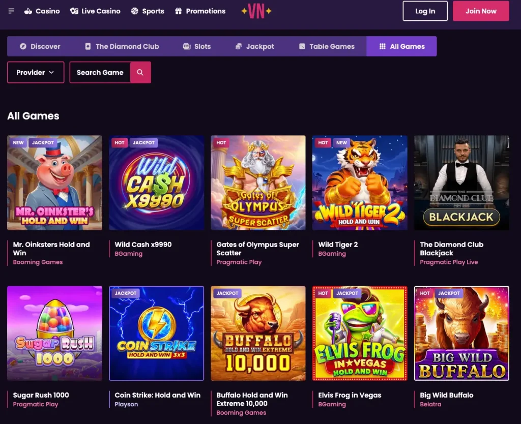 vegas now game selection